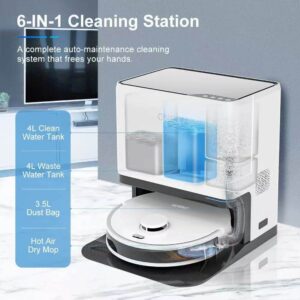 6-IN-1 Automatic Cleaning Station for Robot Vacuum - 4L Water Tanks 3.5L Dust Bag Hot Air Dry Mop (Hands-Free Maintenance)