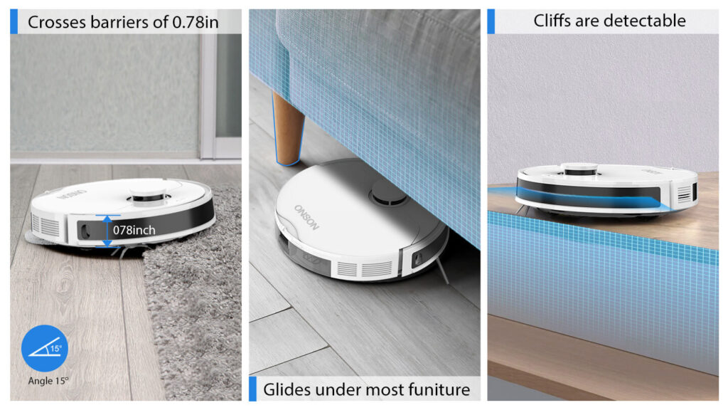 Robot Vacuum with 0.78in Barrier Crossing - Glides Under Furniture & Detects Cliffs