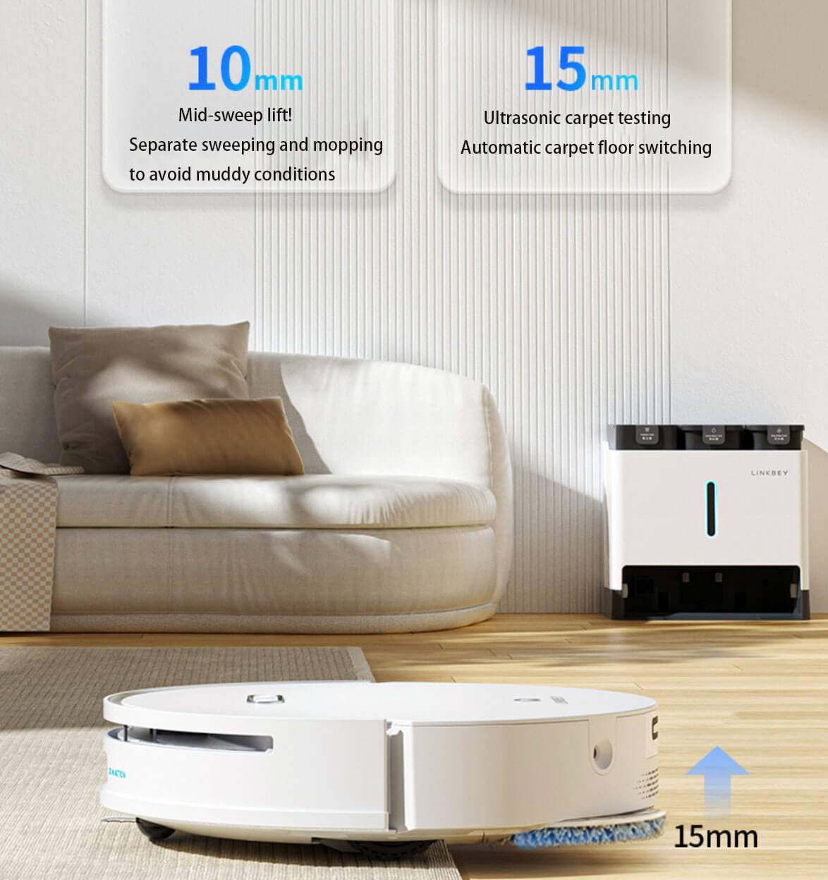 LINKBEY Robot Vacuum 10mm Mop Lift & 15mm Carpet Detection: Separate Sweeping & Mopping to Avoid Muddy Floors