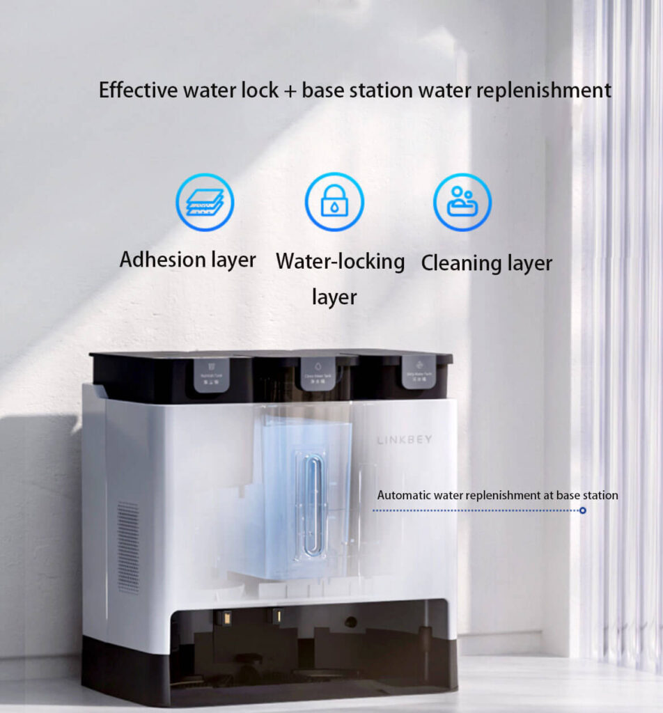 LINKBEY Robot Vacuum 3-Layer Water-Lock Mop & Base Station Auto Water Replenishment: Consistent, Effective Mopping