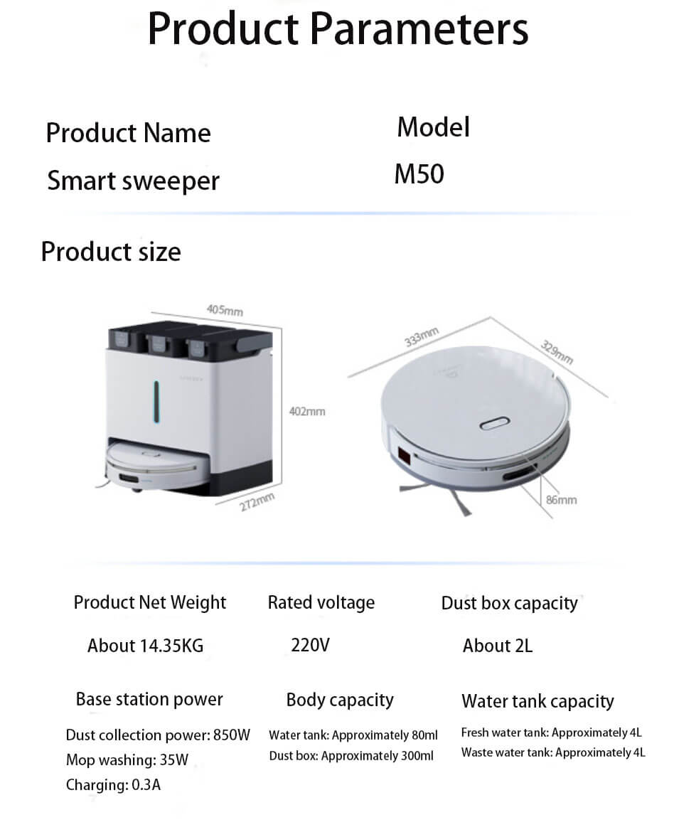 LINKBEY M50 Smart Sweeper Product Parameters - 86mm Ultra-Thin Robot, 4L Water Tanks, 2L Dust Box & 850W Dust Collection Power