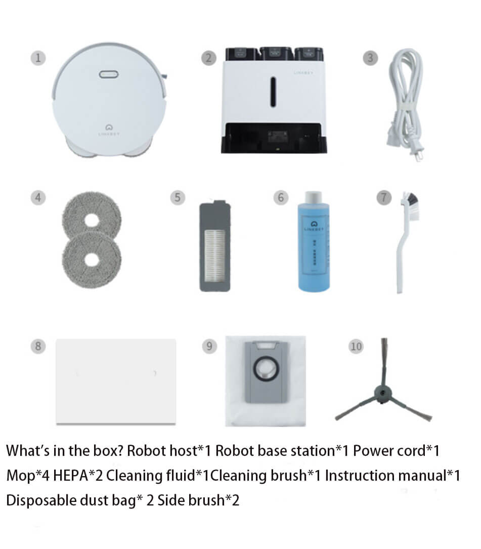LINKBEY M50 Smart Sweeper Package Contents - Robot Host, Base Station, 4 Mops, 2 Filters, 2 Dust Bags & Full Accessories